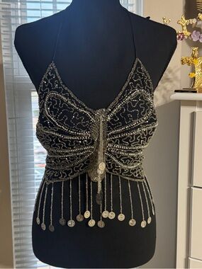 Vintage Black Beaded Coachella Festival Set Top & Coin Fringe Skirt